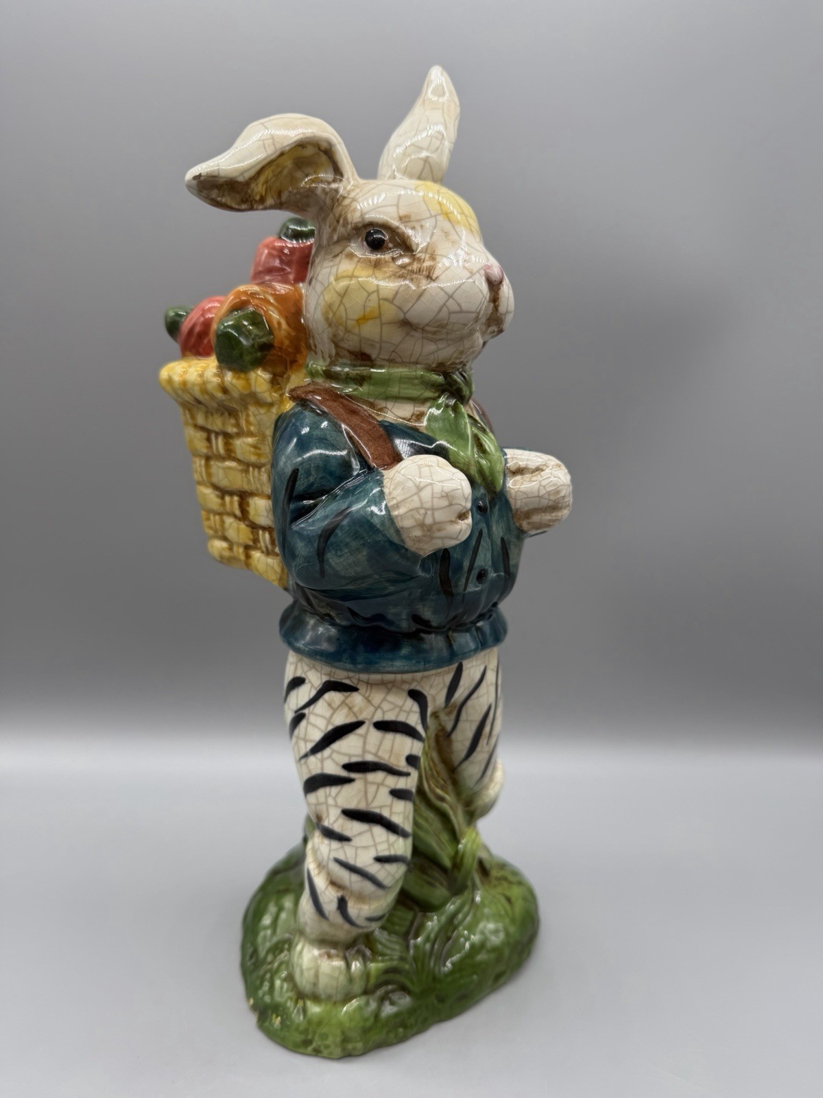 Vintage Ceramic Standing Crackle Rabbit Bunny Traveler w/ Basket Figurine Statue