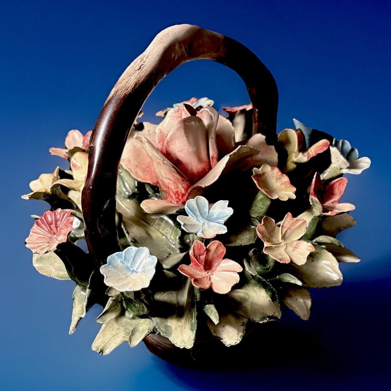 Vintage Capodimonte Italy Porcelain Flower Basket Centerpiece 7” Hand Made