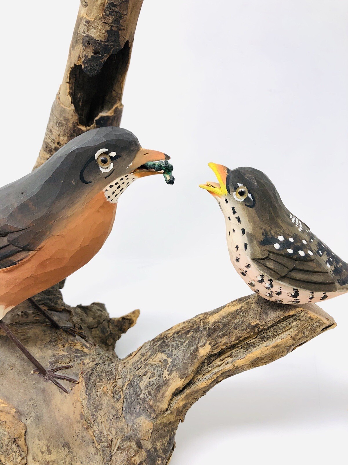 Vtg Hand Carved Birds Driftwood Sculpture Painted Art Nature BT23