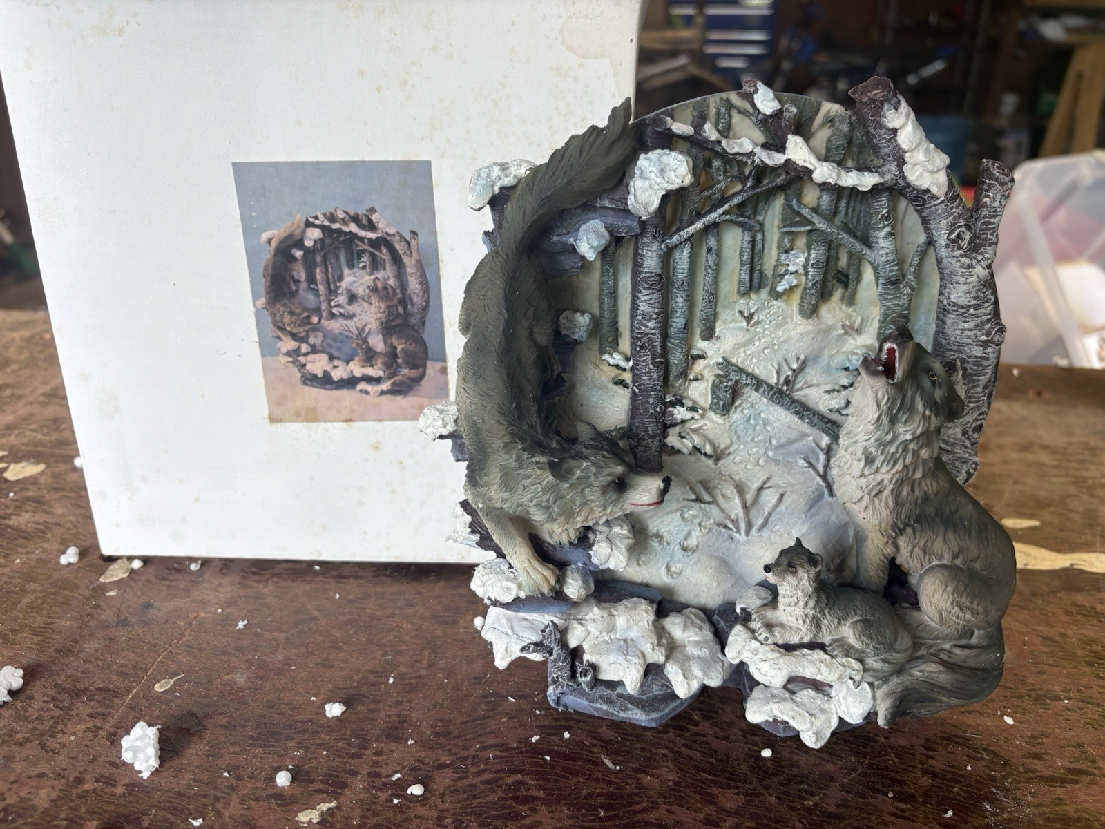 Hand Painted Gray & White Resin Tree Scene Sculpture, Nature Theme