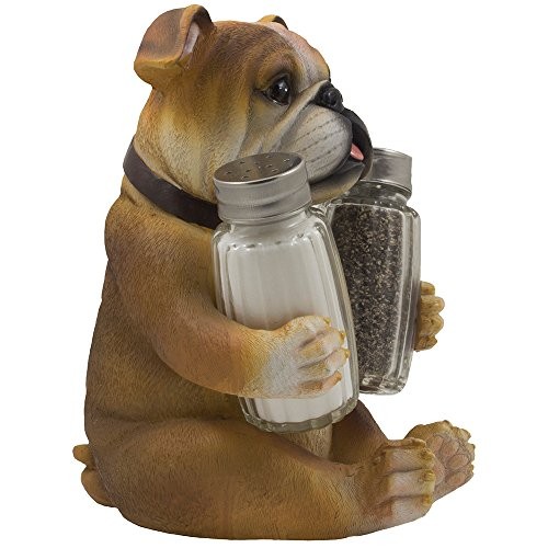 Bulldog Salt & Pepper Shaker Set Statuette with Decorative Spice Rack Display