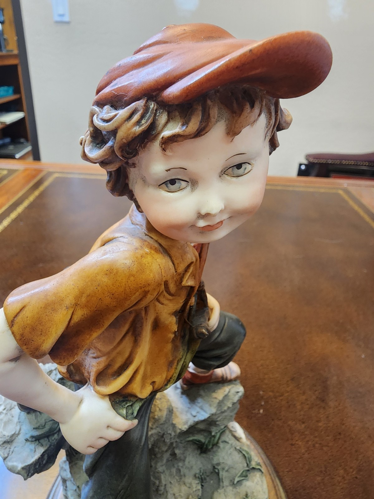 Italian Boy Figurine Resin Hand Painted Antique Finish Wooden Base