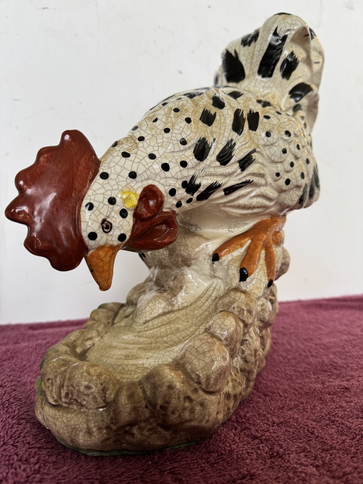 Vintage Large Rooster Handpainted Speckled Ceramic 14” Tall Farmhouse Crazing