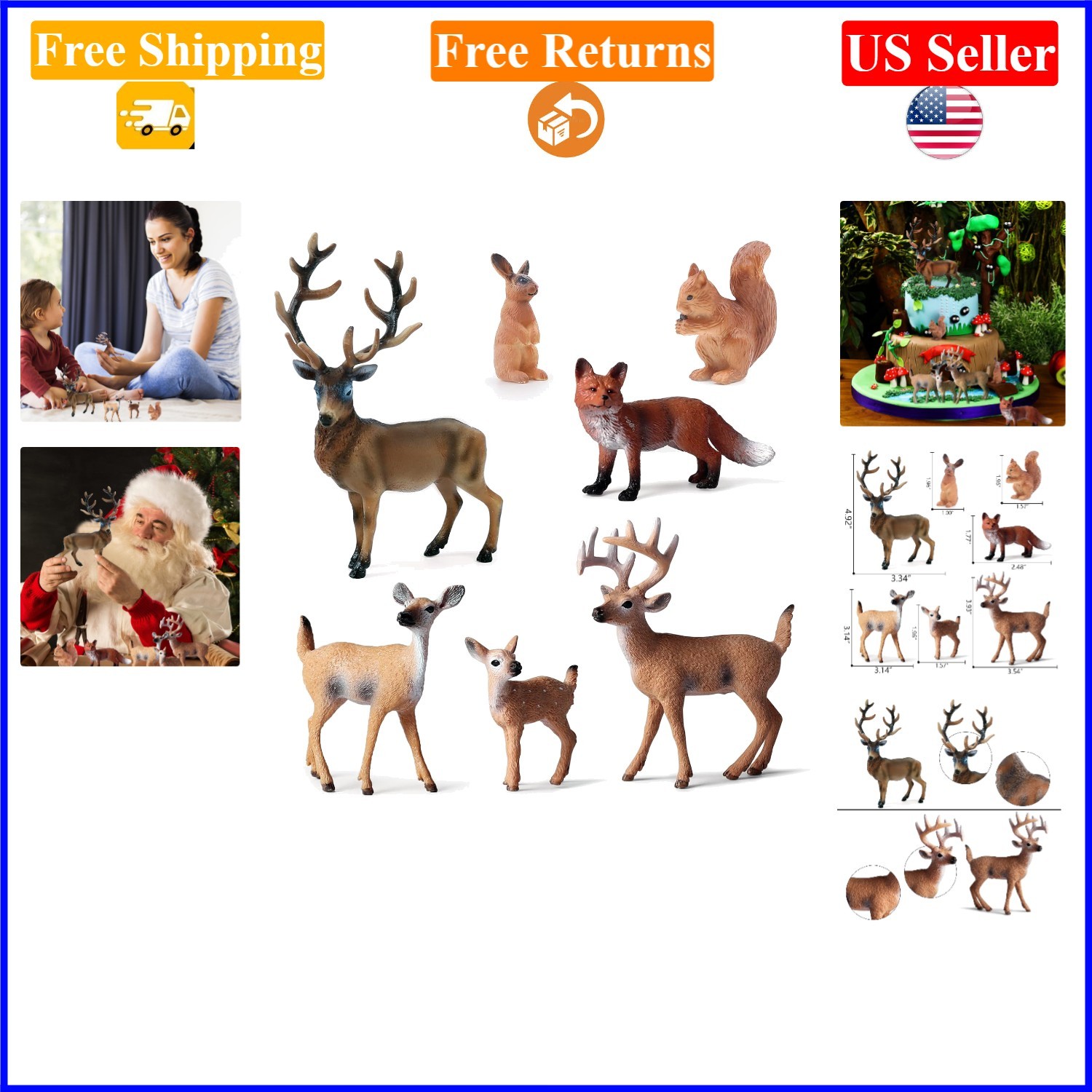 7PCS Miniature Forest Animals Figures Toy Set for Kids, Deer, Fox, Rabbit