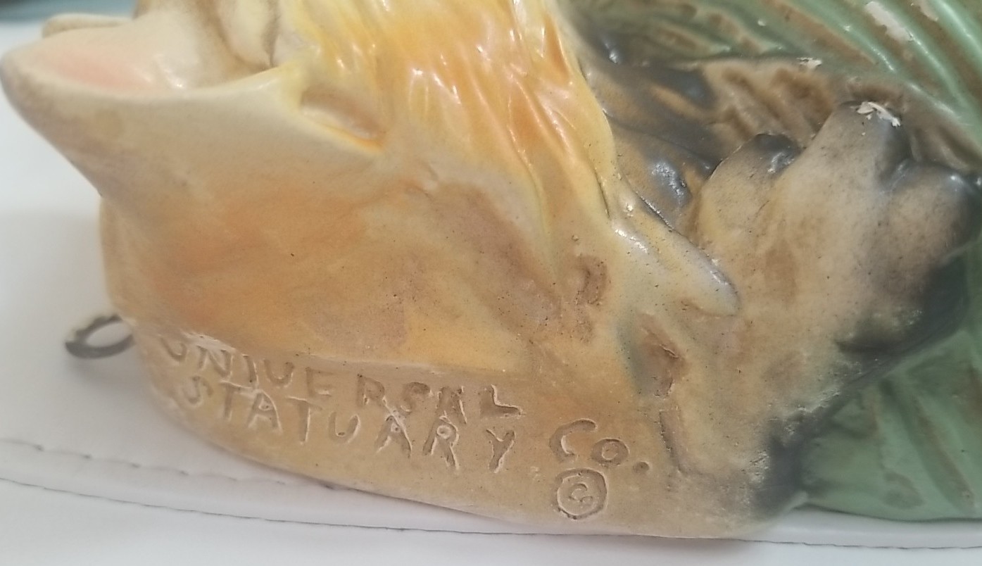 Universal Statuary Co 1940s Chalkware Cat Kitten String Holder Yarn Ball Painted