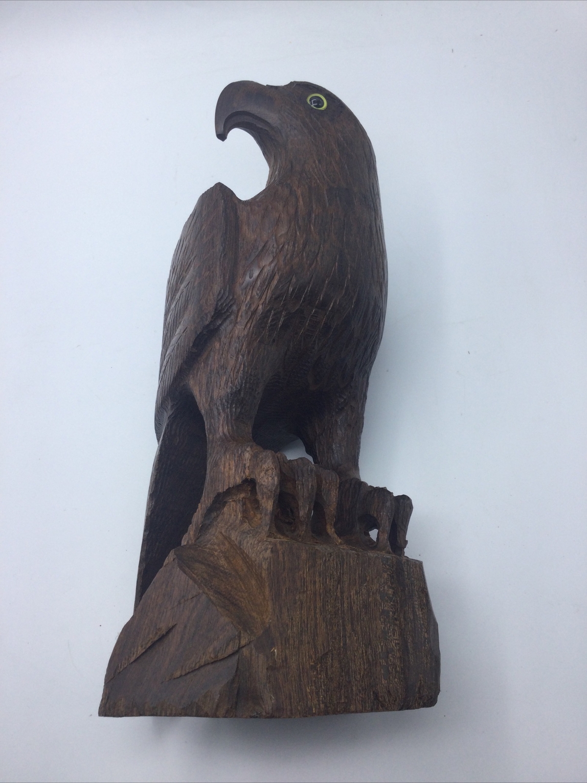 Hard Wood Hand Carved Eagle Perched on Wood Stand, 11 Inches Tall