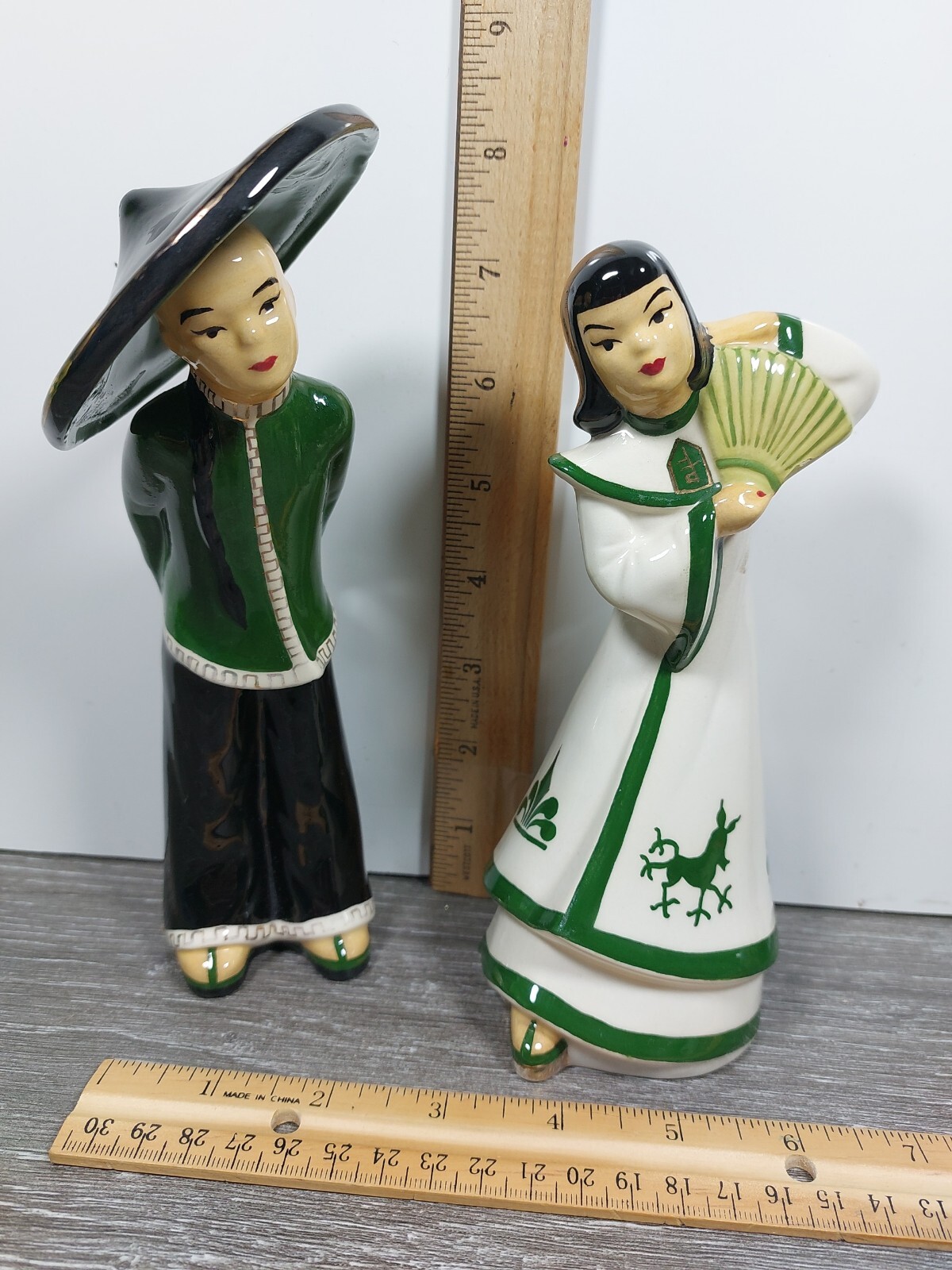 2 Vintage Ceramics MARGARET LINCOLN Green Asian Women 7 inch Figurines