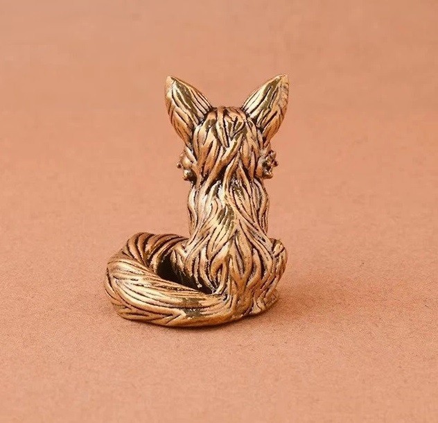 Brass Copper Tiny Fox Animal Figurine Mini Statue Table Desk Home Decoration Toy