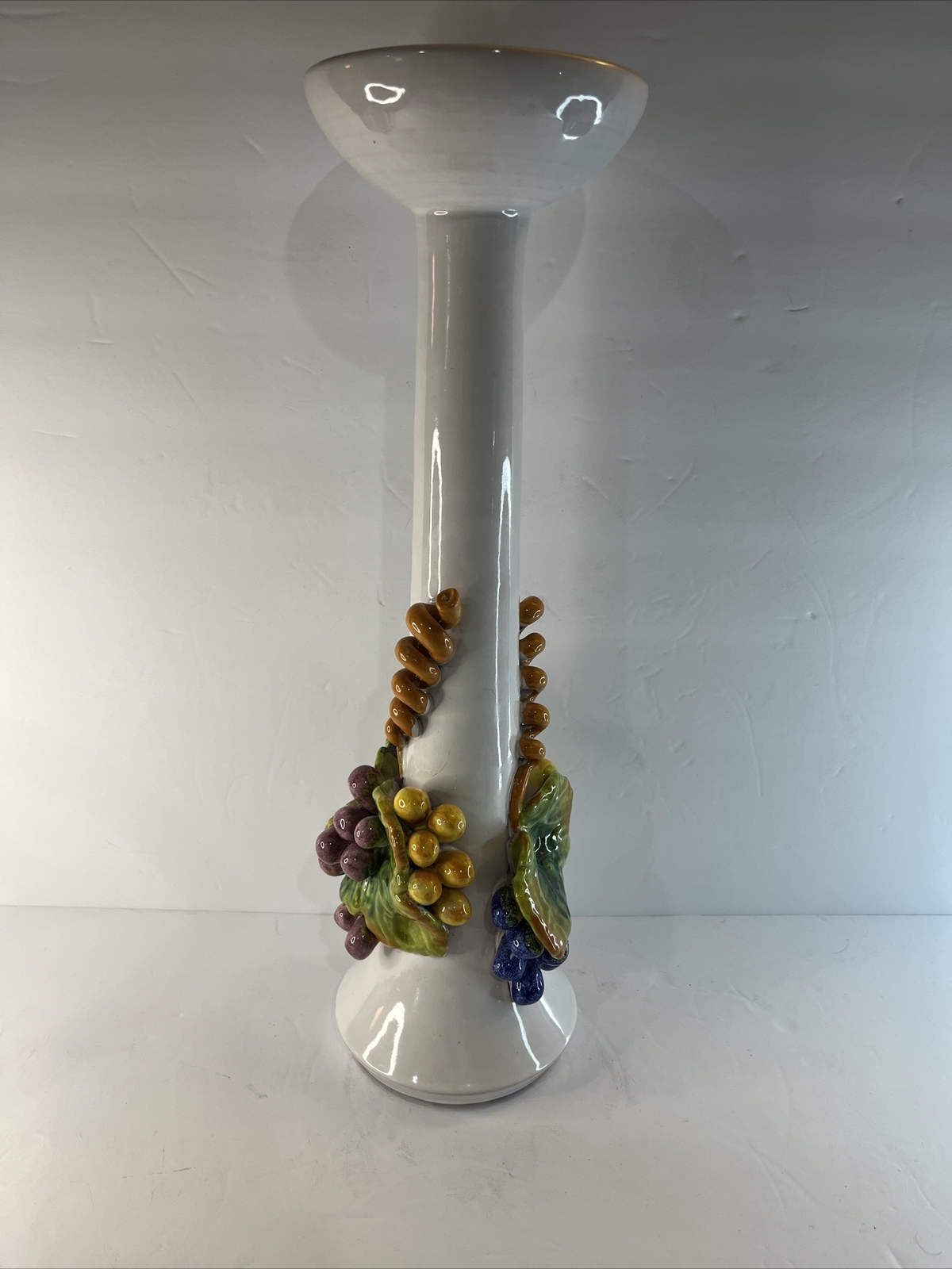 Unique ITALIAN POTTERY VINTAGE CANDLESTICK HOLDER GRAPE GRAPEVINE Large 17.5” T