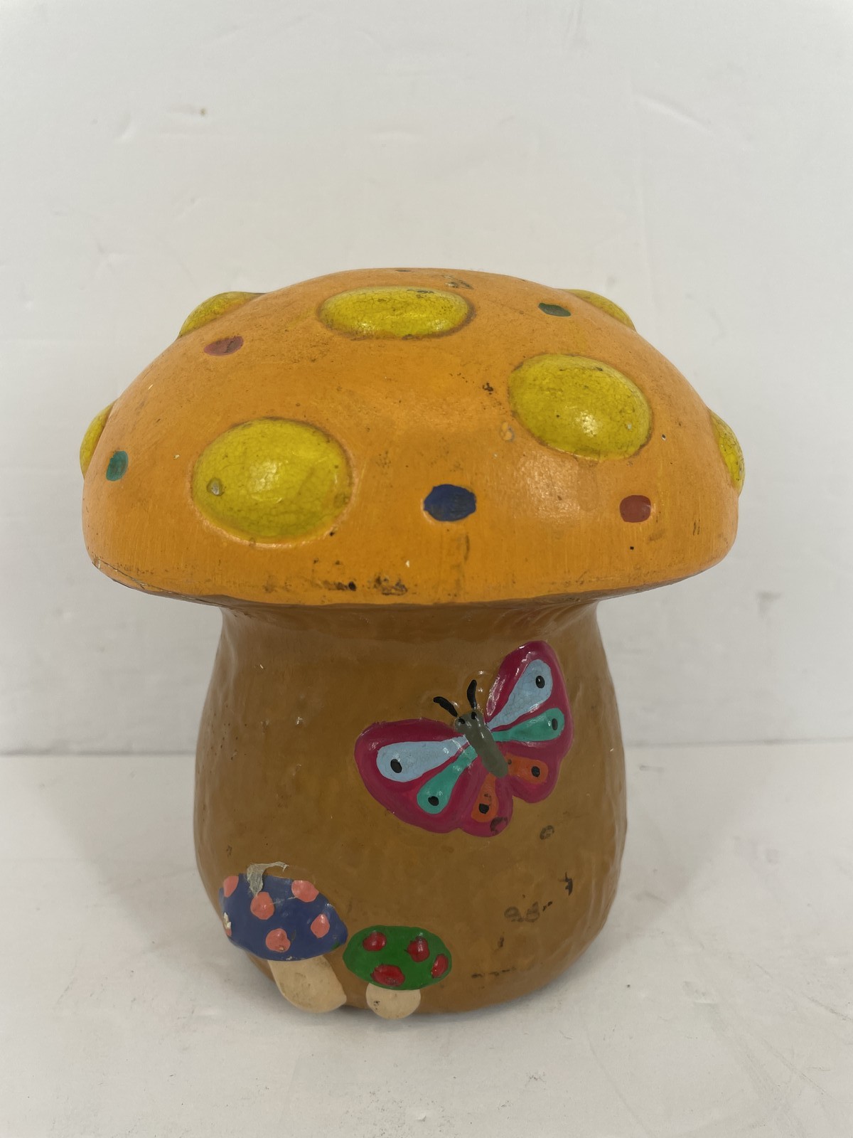 Charming Mushroom Piggy Bank Figurine Hand Painted Orange Brown Butterfly Decor