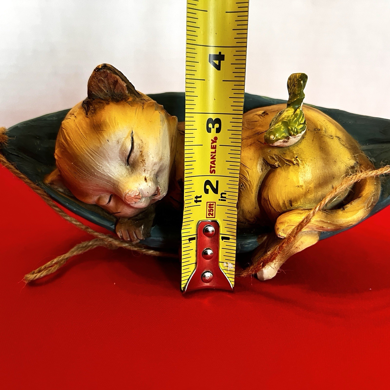 Sleeping Kitten Cat In Leaf Hammock Hanging Figurine 8” With Bird