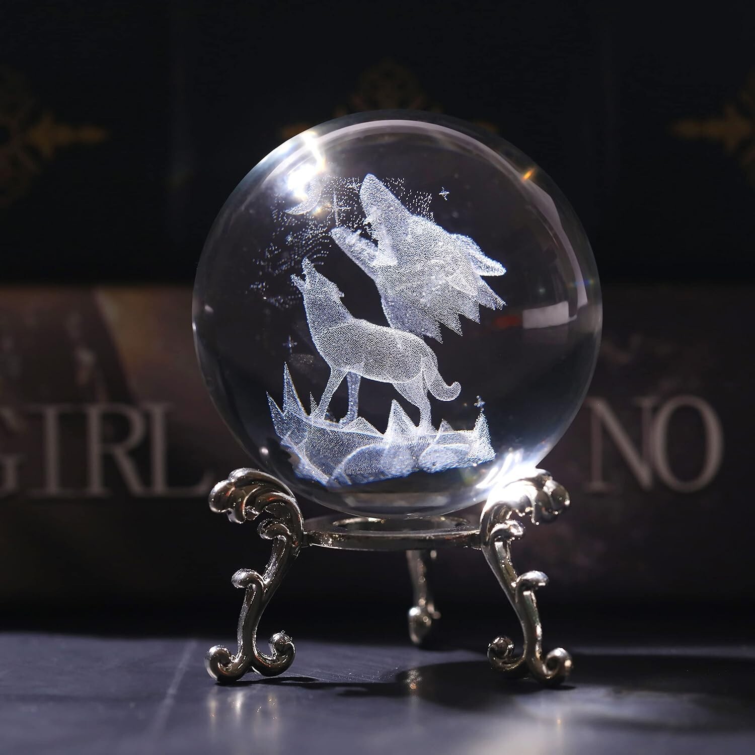 2.36in 3D Laser Crystal Howling Wolf Figurine Crystal 2.36″D x 2.36″W x 2.35″H