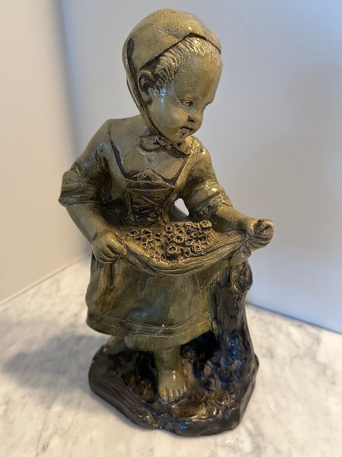 Vintage Borghese Italian Chalkware Girl Gathering Flowers in Green Glaze