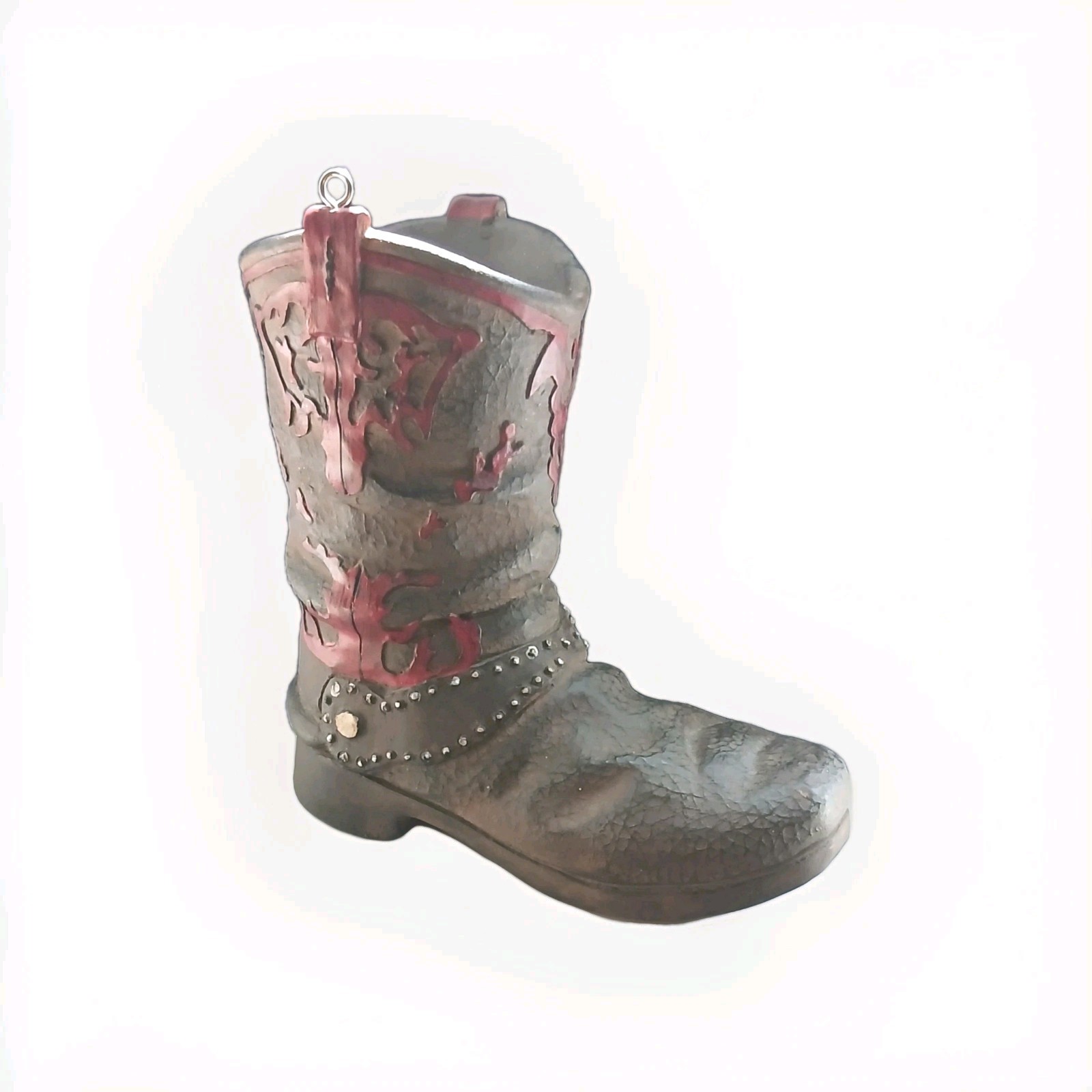 Western Boot Resin Figurine with Carvings, Antique Finish, Brown Red, 6 Inch