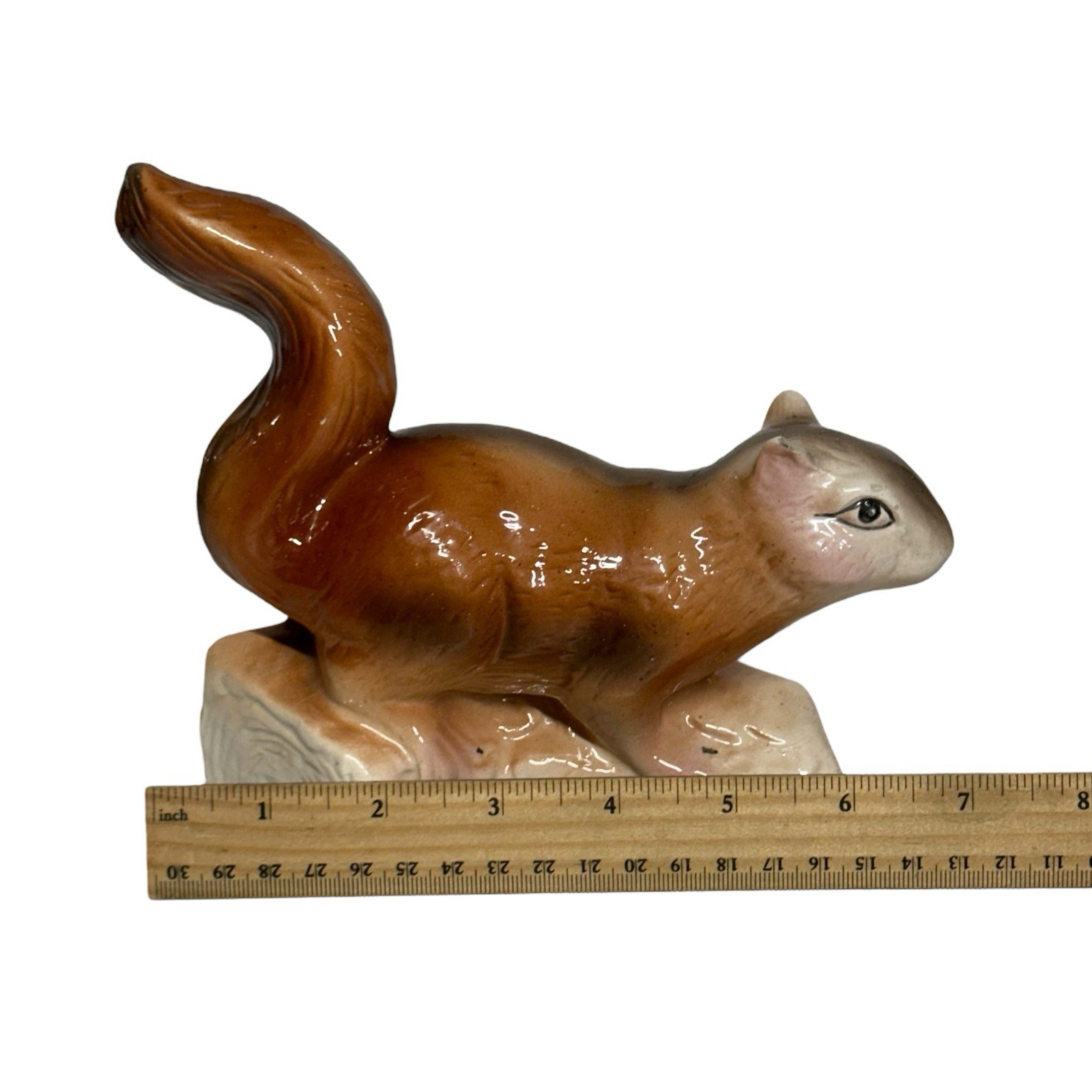 VTG Squirrel on Log Figurine MCM Anthropomorphic Ceramic 1960s Airbrush Kitschy