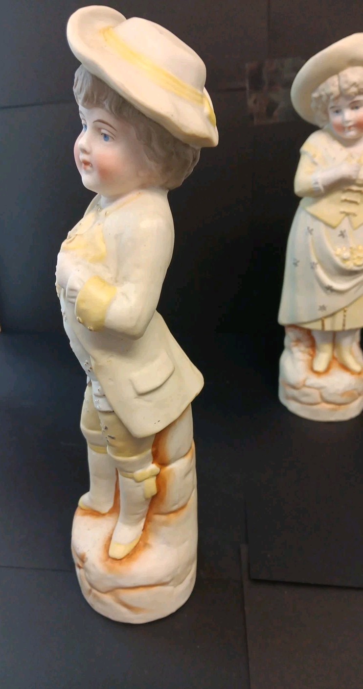 Antique Germany Bisque Porcelain Figurines Yellow 10.5 Inch High