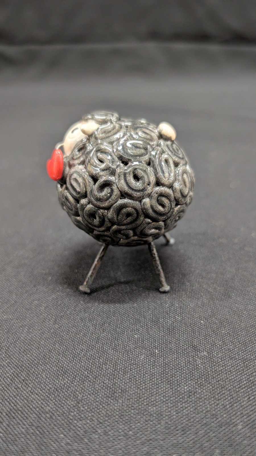 Handmade Black Ceramic Sheep figurine with a Red Heart and Metal Legs