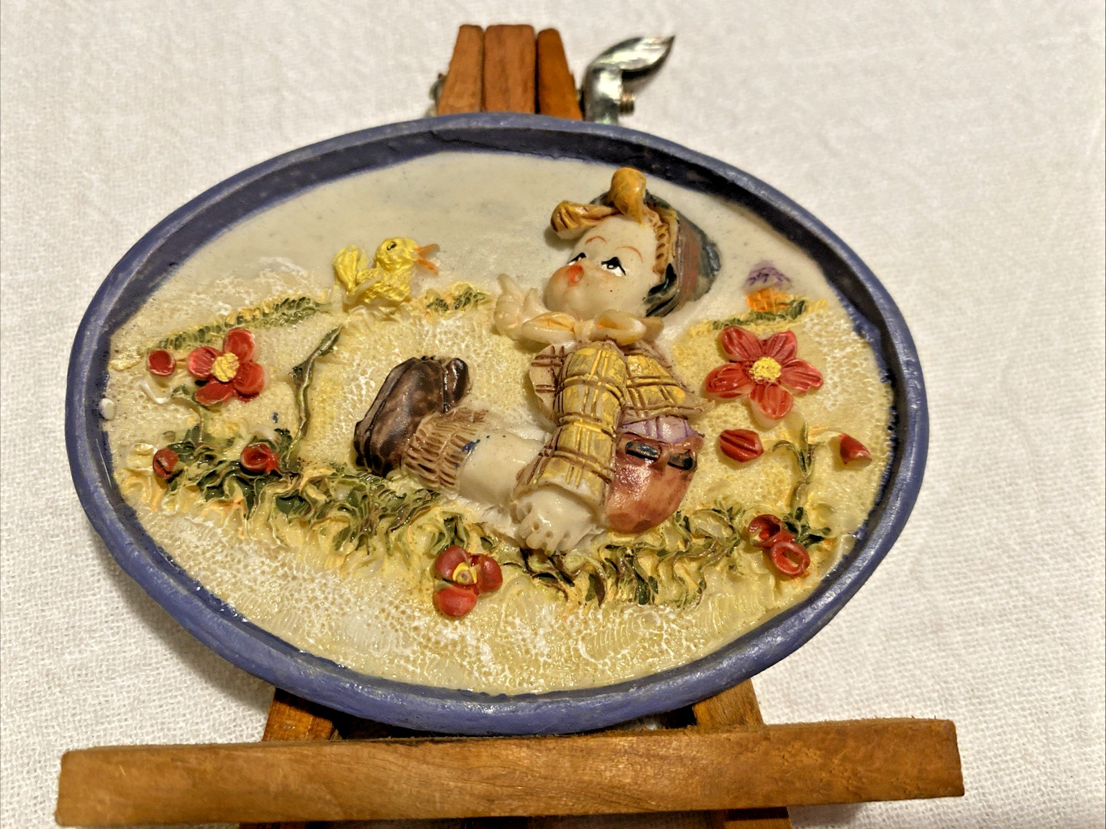 Mini VNG Oval Framed Boy with Bird 3D Relief Plaque Hand Painted on Easel Spring