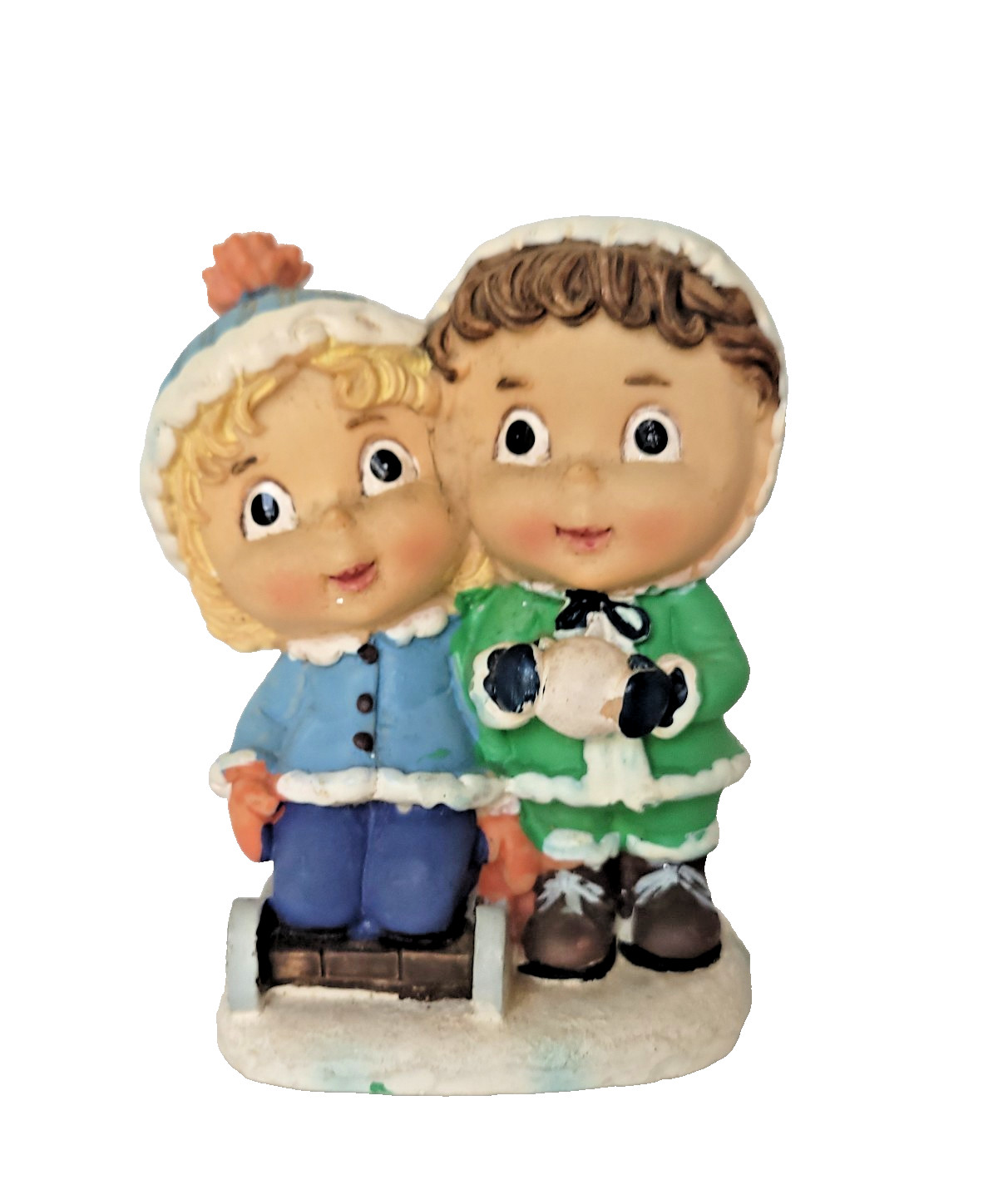 VTG TENDER TIMES BOY AND GIRL PLAYING WITH SNOWBALL TALL CUTE WINTER FIGURINE