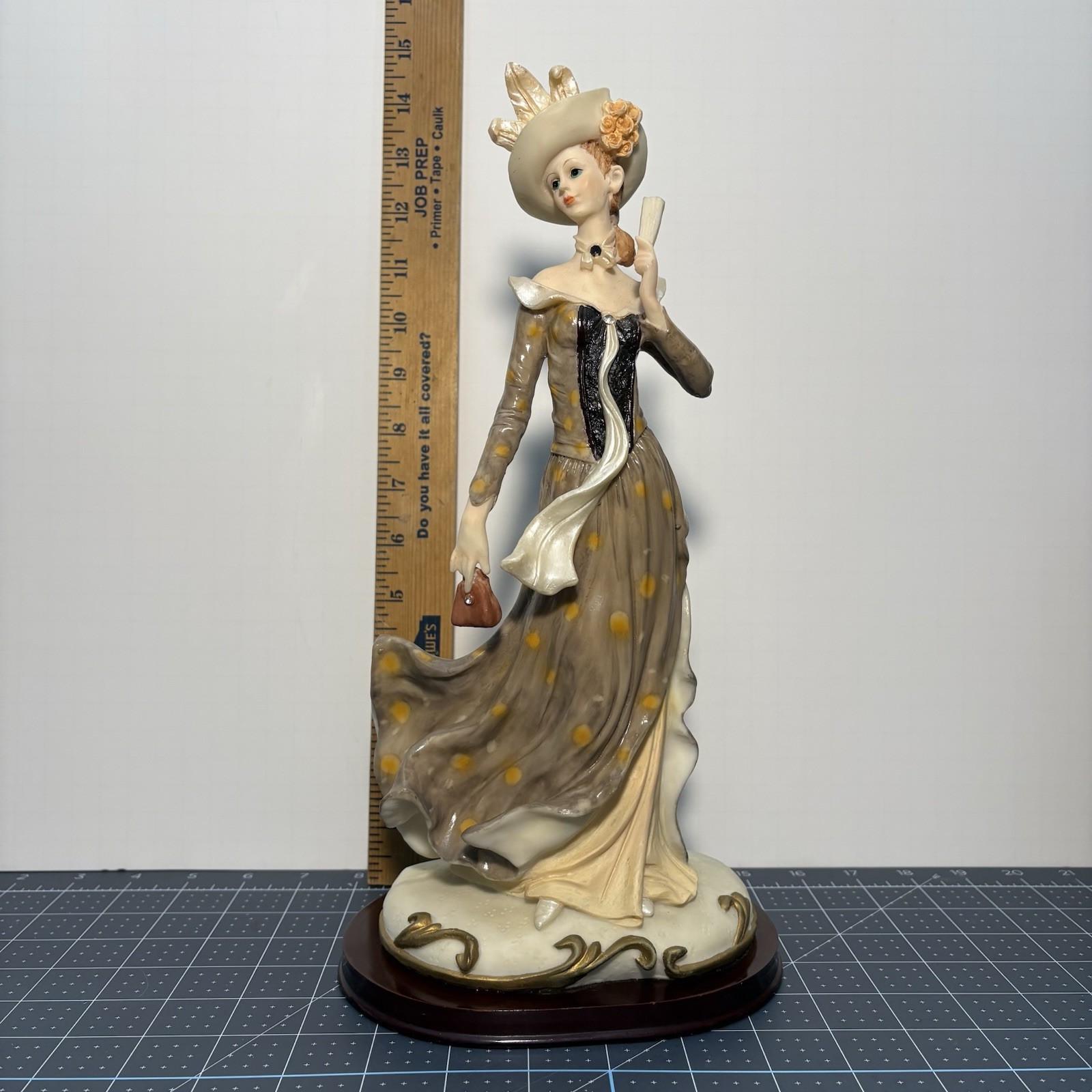 Vintage Figurine Lady Holding Fan and Purse Standing on Wood Base 13 Inches Tall