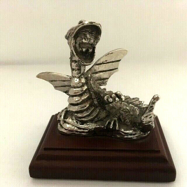 Fantasy Metal Dragon Figure on Wooden Base Decorative Collectable