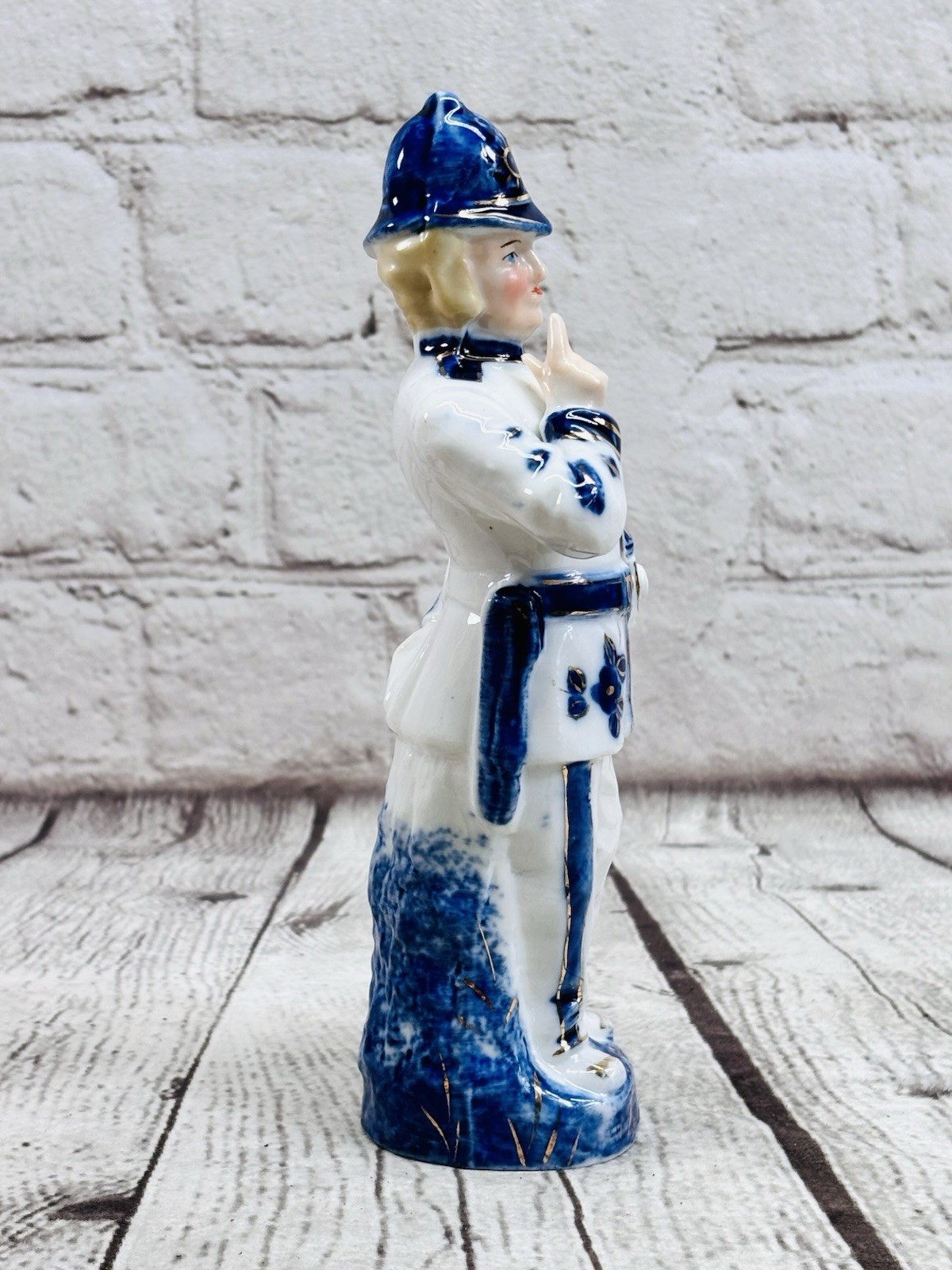 Antique German Porcelain Trade Figurines Blue Gold Policeman Postman Set 7.5”