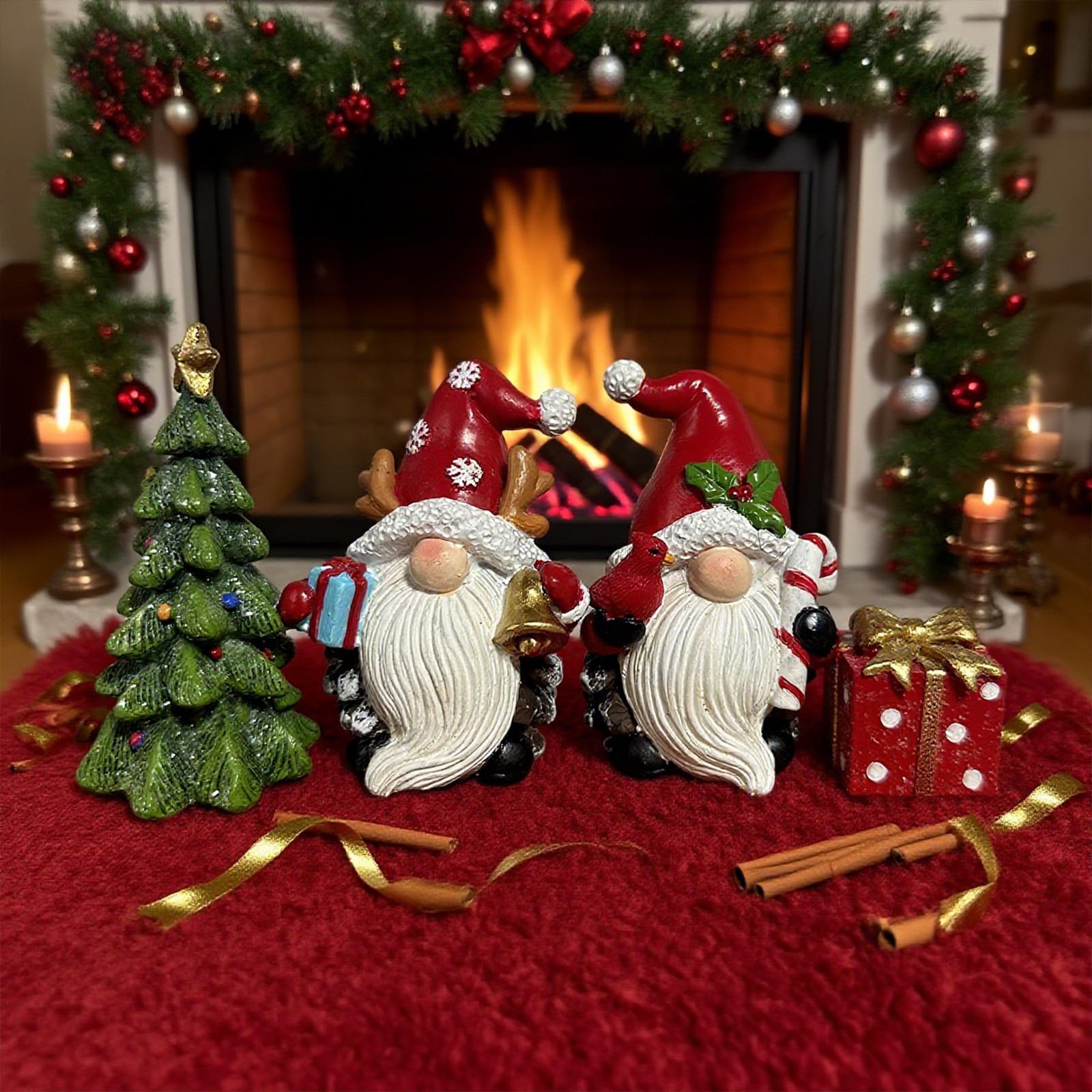 Handmade Christmas Resin Gnome Set with Mini Tree & Gift Box, Holiday Present
