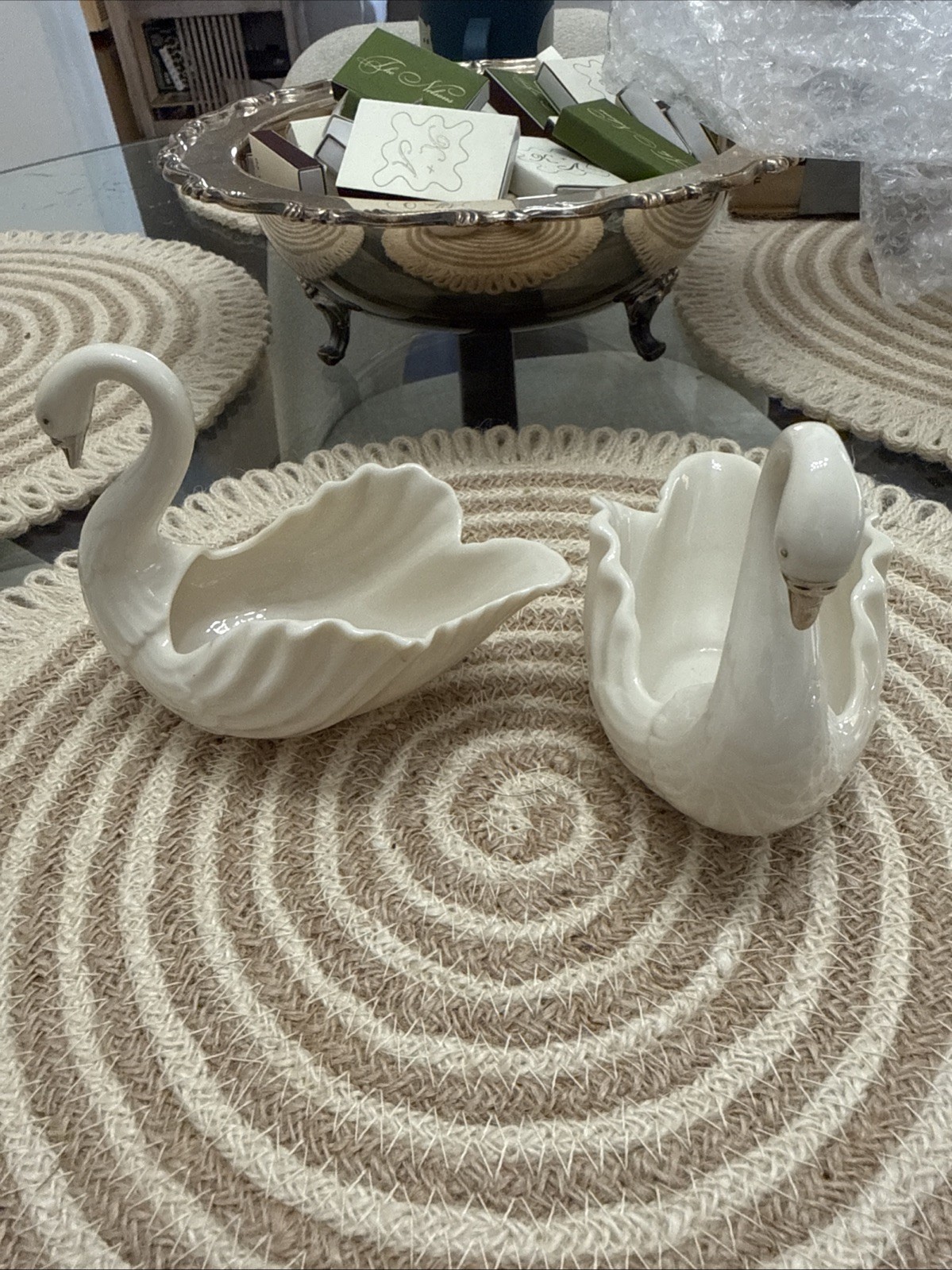 2X Lenox Porcelain Ivory Swans Silver Beak Trinket Dish Bowl Special Edition
