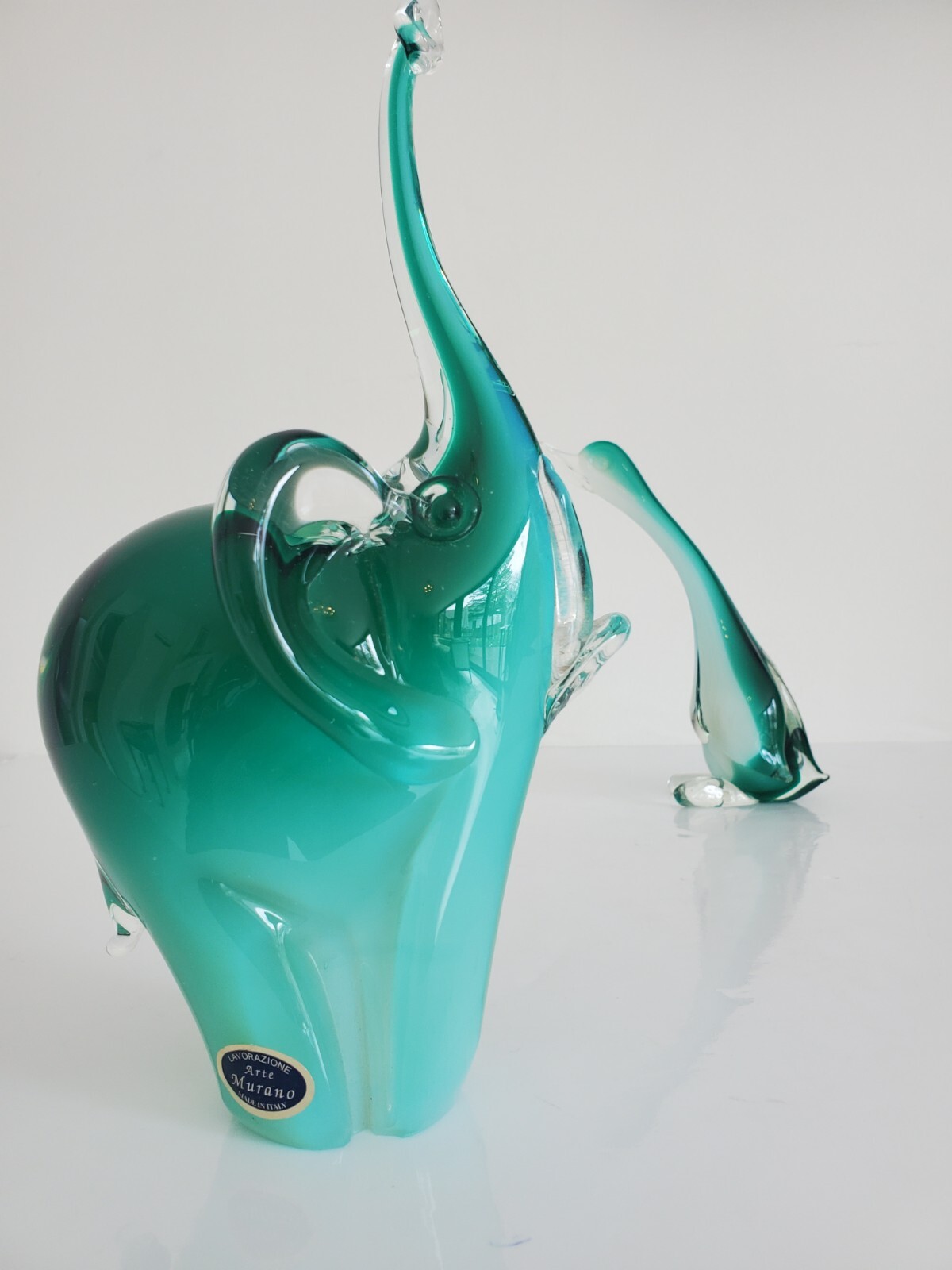 Murano Green Lucky Elephant Trunk Up & Bird Figurine Largest 10″ Tall