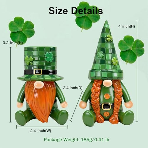 St. Patrick’s Day Decor 2 Pcs Irish Gnomes Figurines – Resin Green Grid Hats