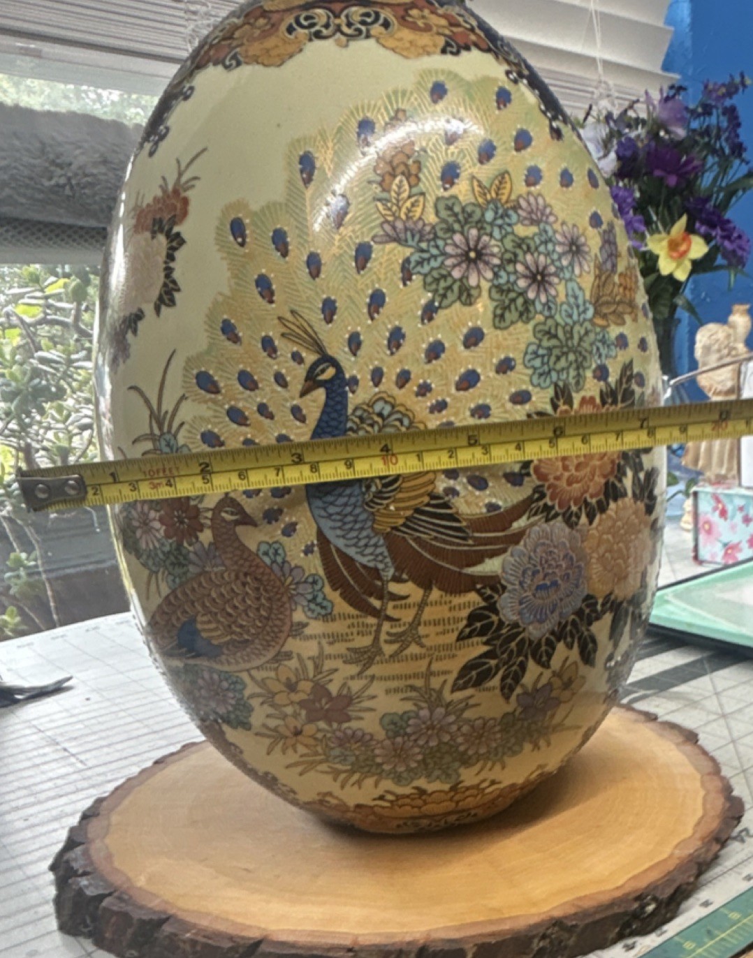 Hand-Painted Ceramic Decorative Egg Peacock & Floral Design Large 13 in