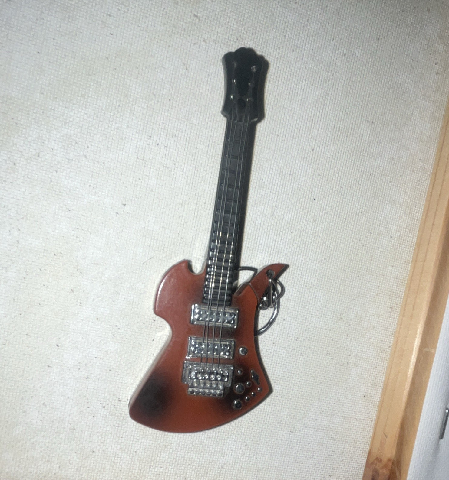 Miniature Guitar Figurine Sculpture, Brown/Black/Silver Plastic & Metal