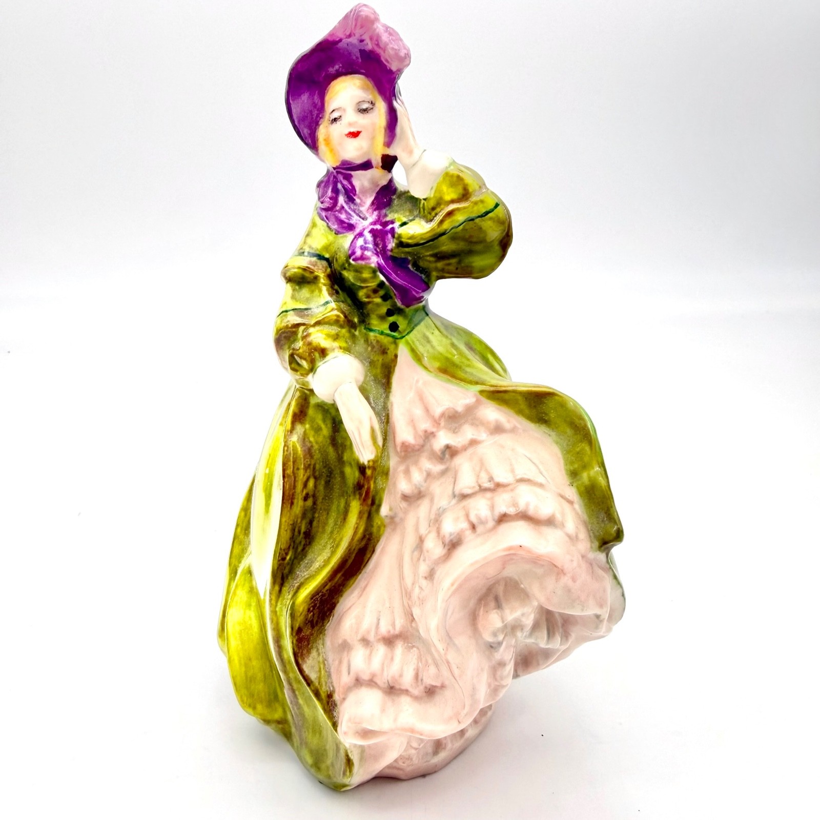 VTG Signed Grace Porcelain Lady Figurine 7.25″ Green Purple Bonnet Victorian