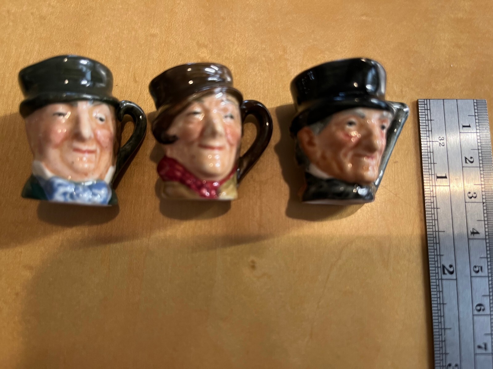 (3) Royal Doulton Tiny Toby Jugs / Mugs- Sam Weller, Micawber, John Peel 1-1/4″