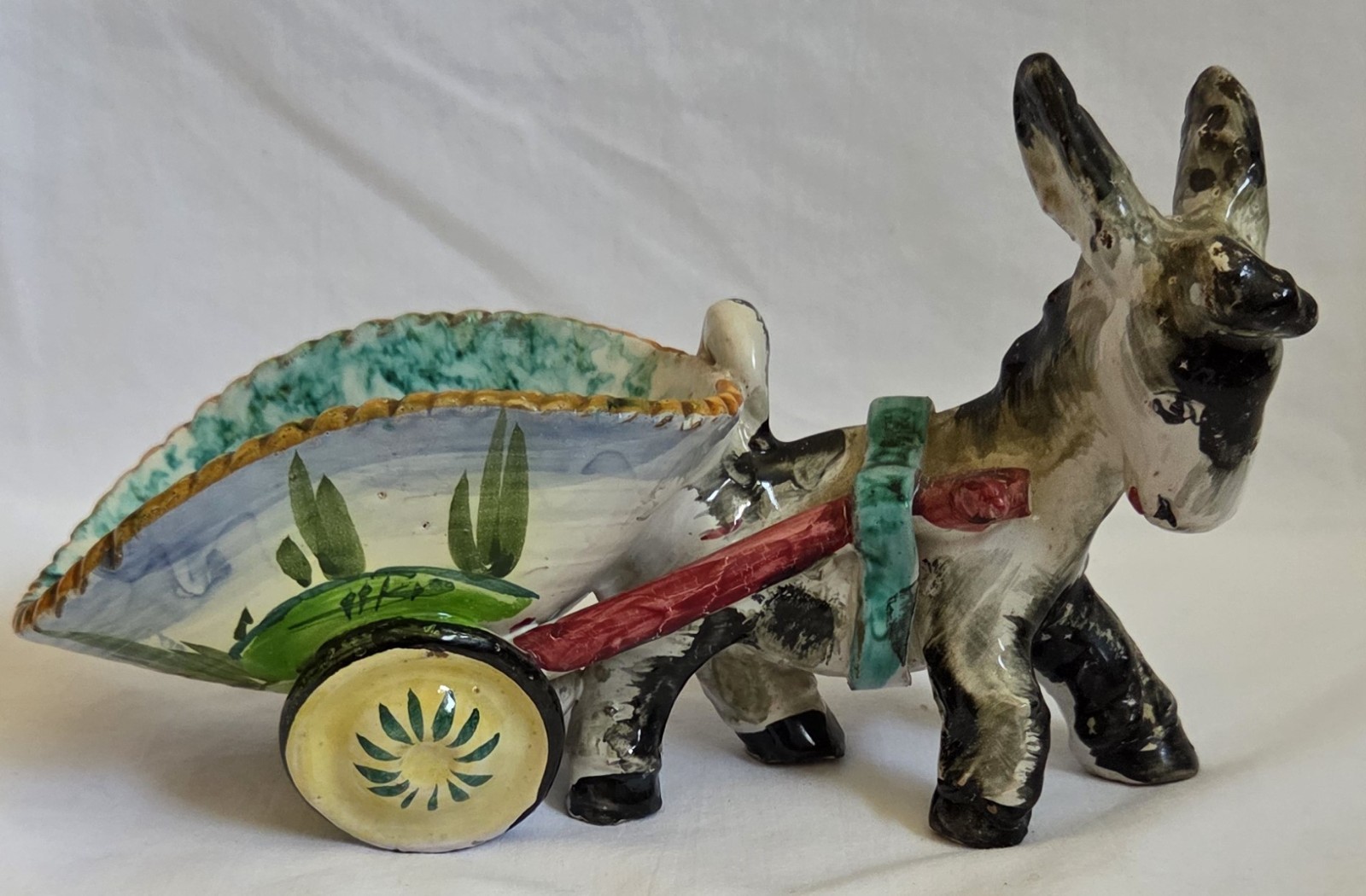 VINTAGE ITALIAN MADE CERAMIC DONKEY WITH CART TO HOLD ITEMS OF YOUR CHOICE.