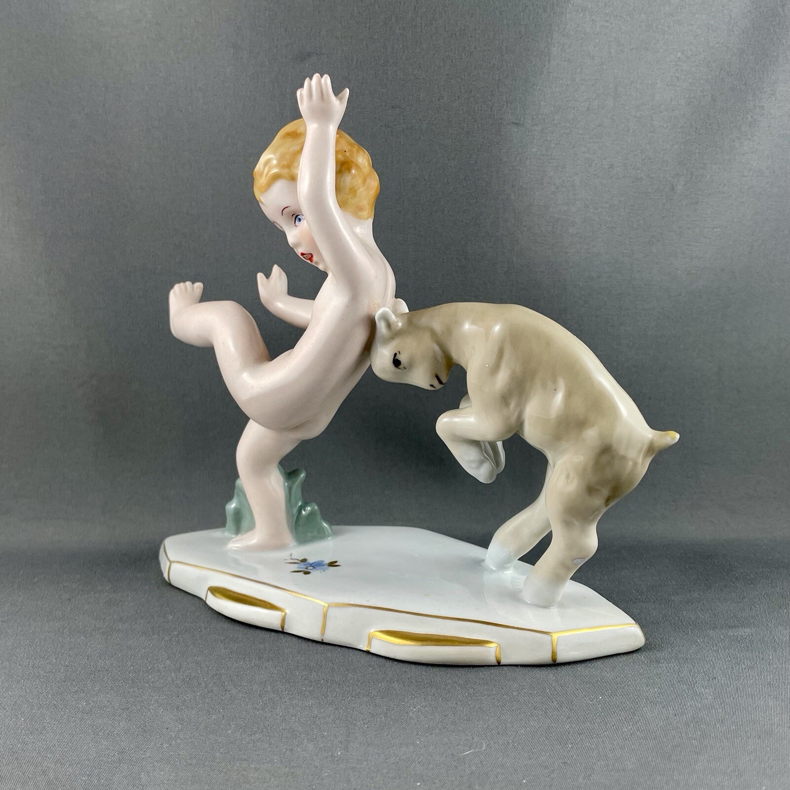 Royal Dux Figurine, Boy, Cherub, Putti with Goat, 6″ L