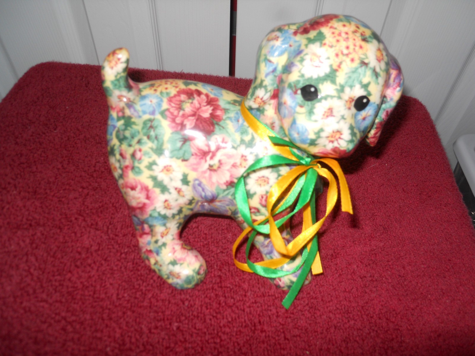 VTG Joan Baker Designs Porcelain Patchwork Decoupage Dog Figurine