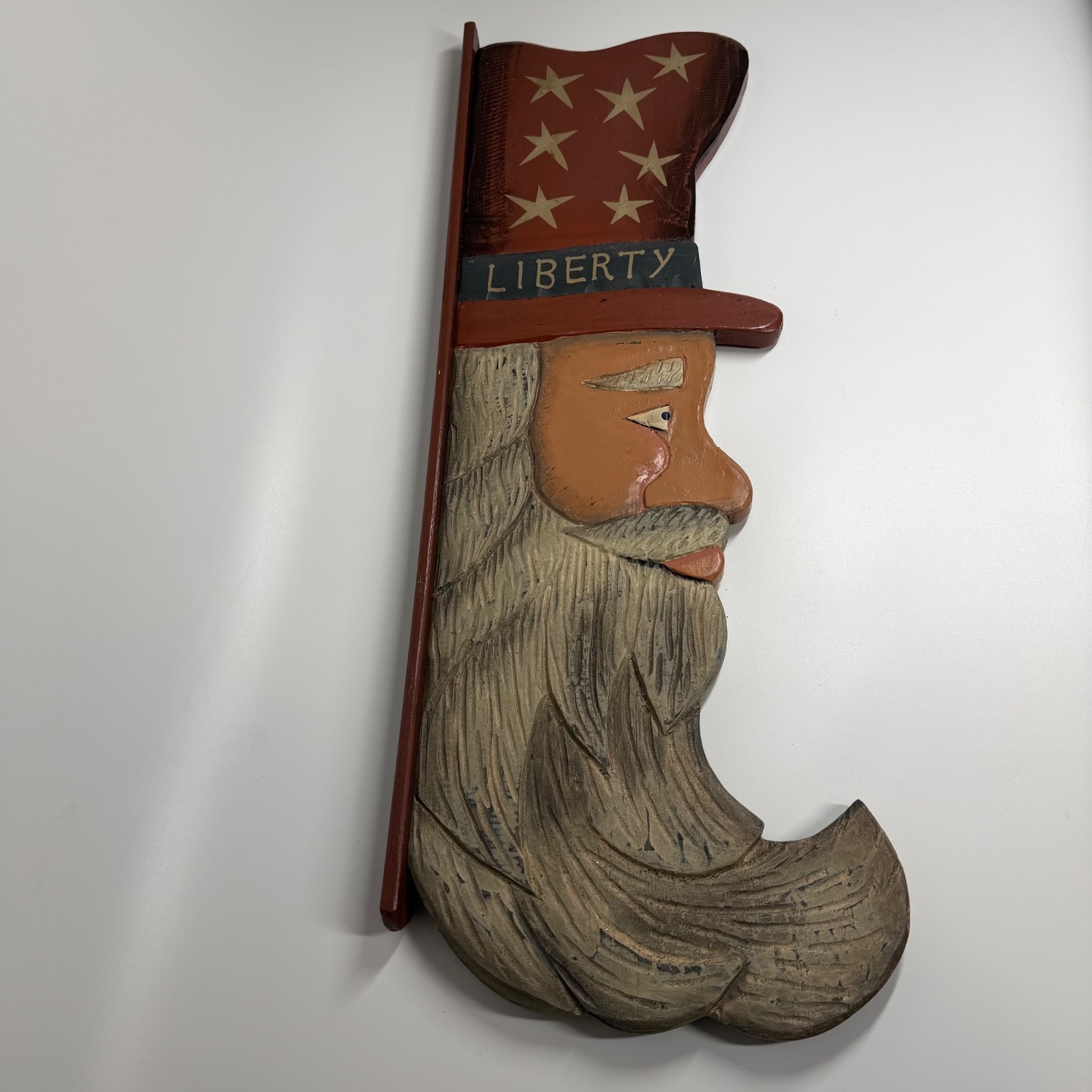 VTG Uncle Sam Hand Carved Wooden Wall Plaque 30″ Tall Red White Blue America 250