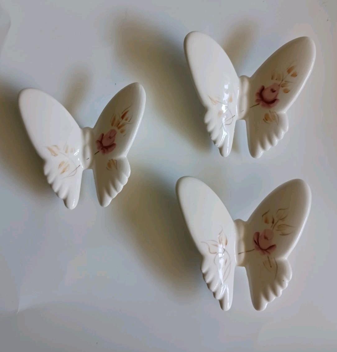 Set Of Three Vintage Ceramic Butterflies For Hanging Handpainted Roses 3.25 In.
