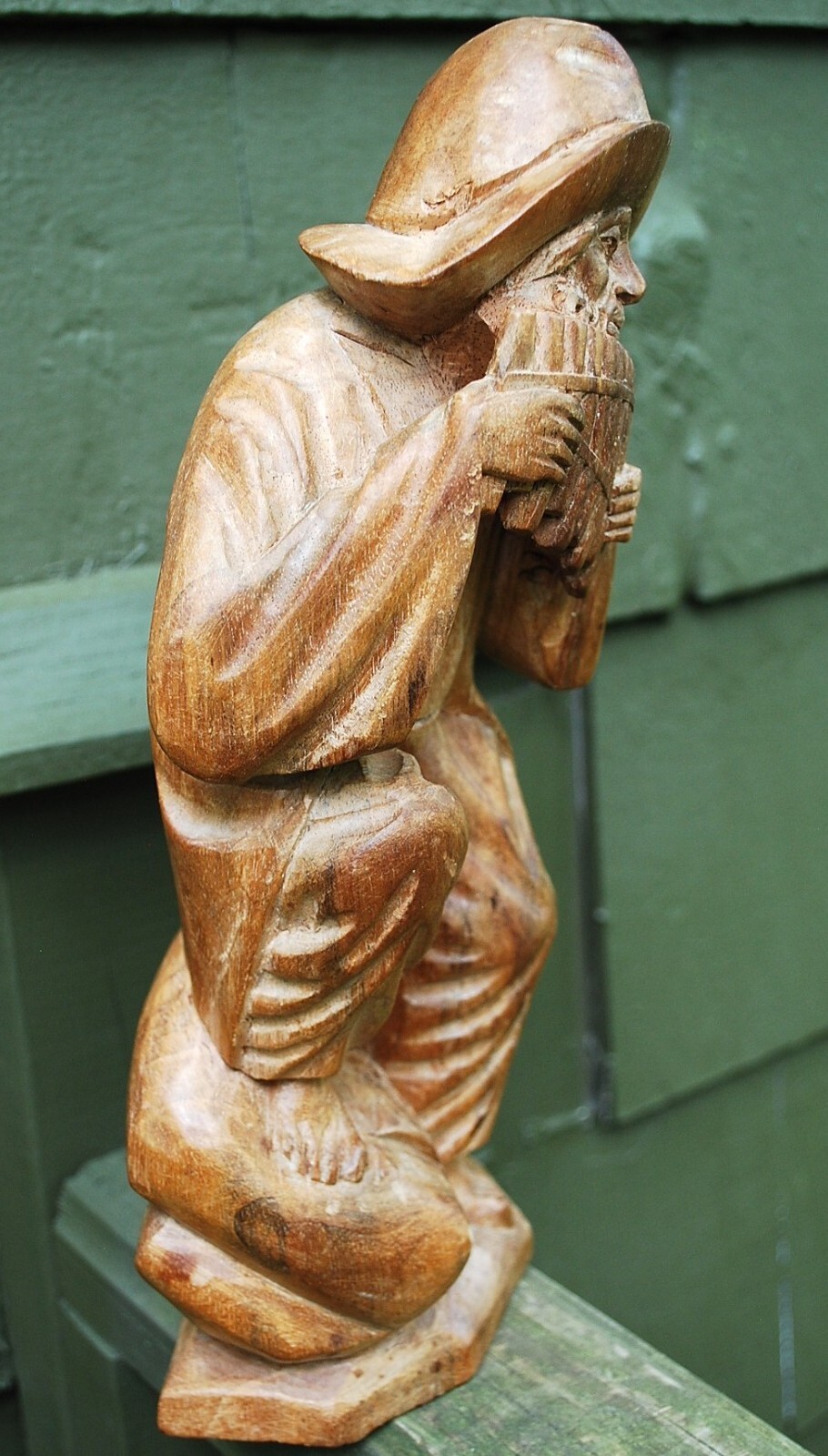 Antique BLACK FOREST GERMANY Hand Carved Wood Sculpture MAN PLAYING PAN PIPES