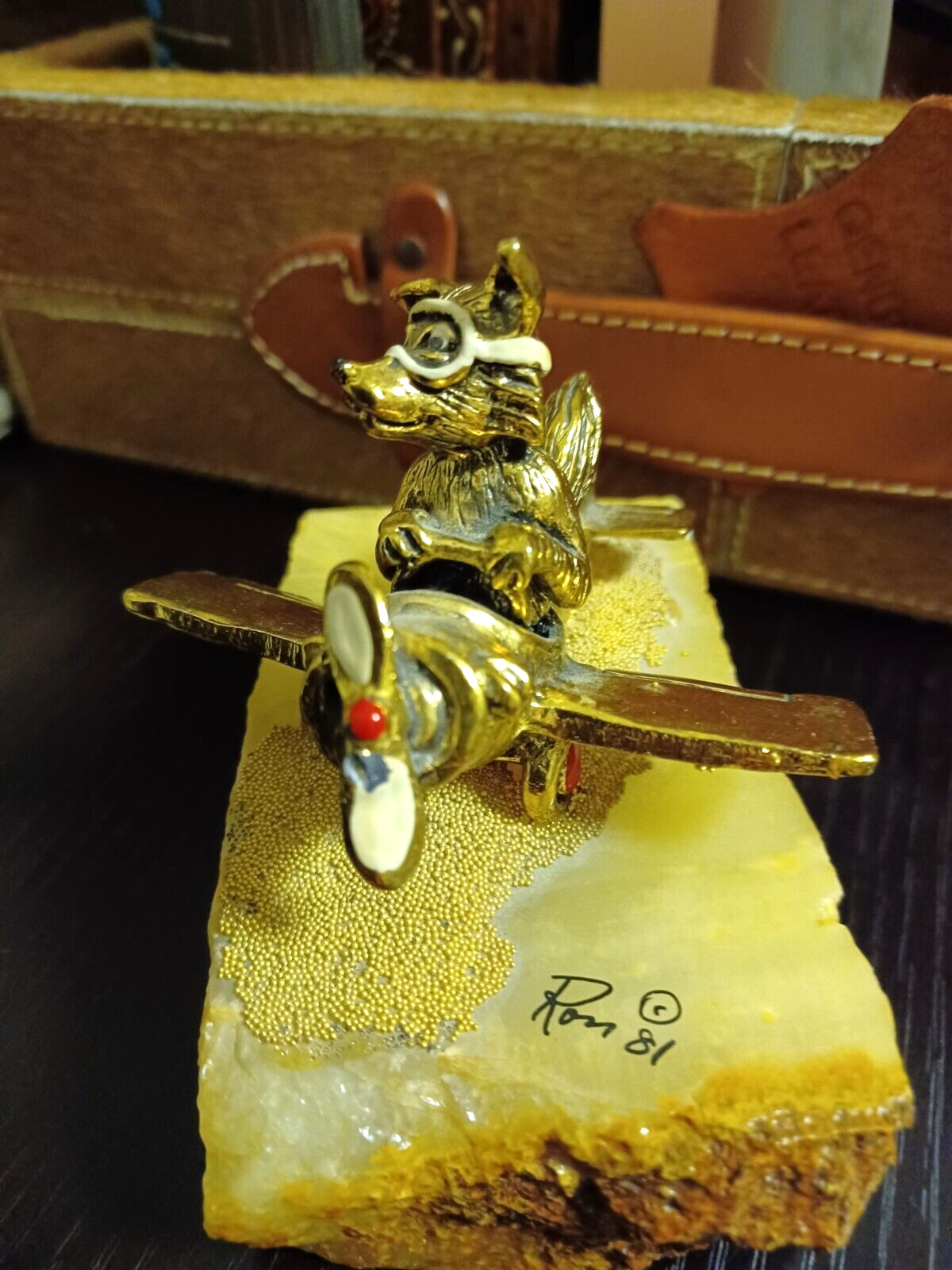 RARE Vtg Ron Lee Airplane Wolf coyote 24k Gold Plated Brass Figurine onyx base