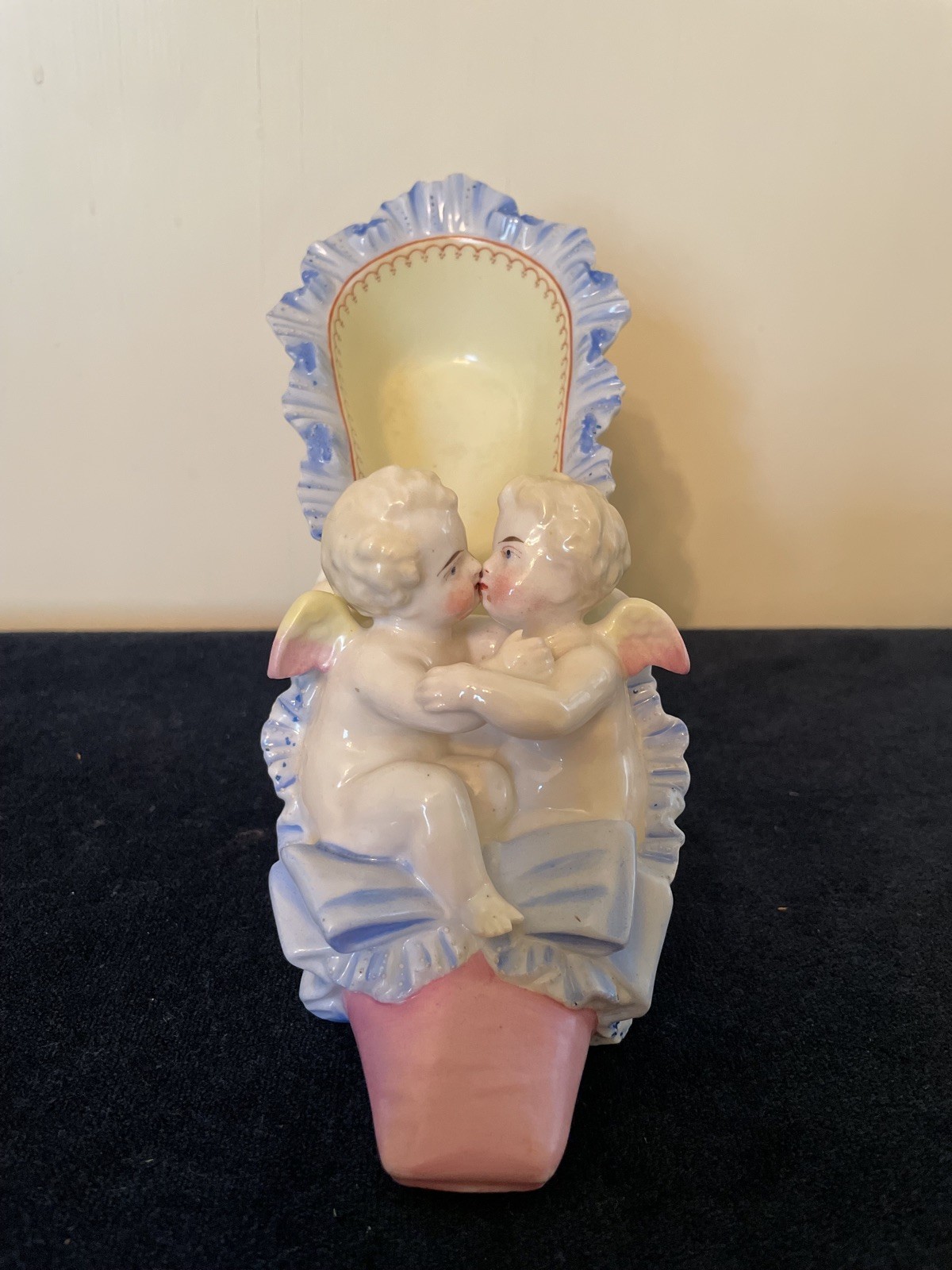 Antique European Porcelain Shoe with Kissing Cherubs