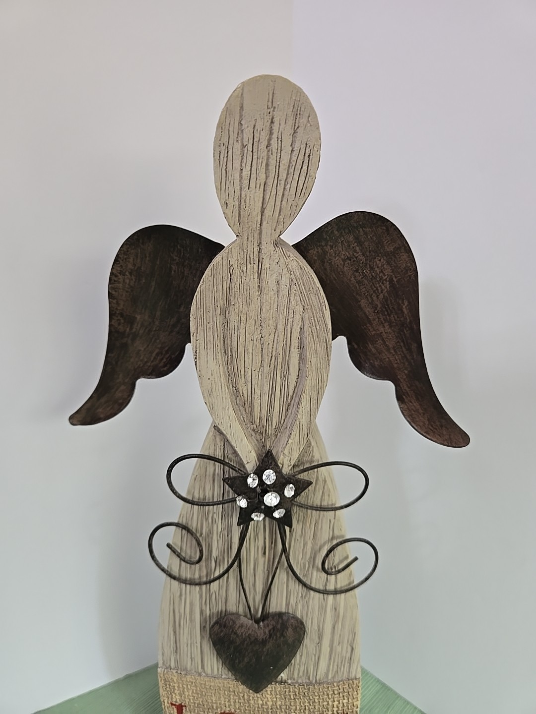 Rustic Farmhouse Wood Angel Gray Rusty Metal Wings Heart Love Rhinestones