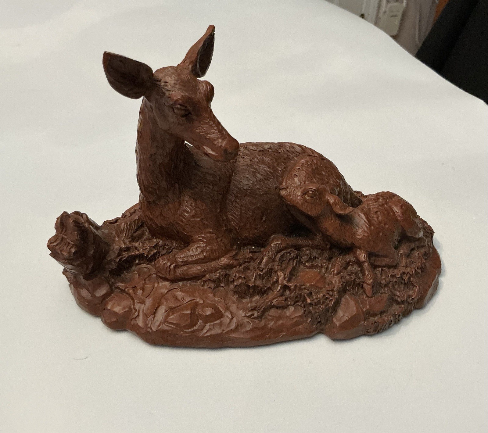 Vintage Red Mill Hand Crafted Carved Brown Pecan Shell Resin Doe Deer and Fawn