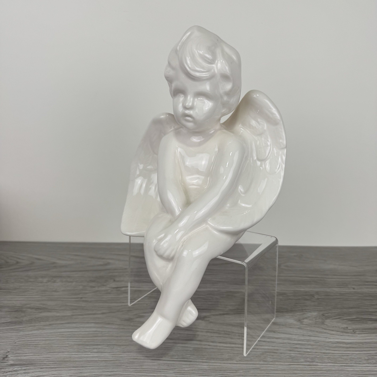 White Ceramic Angel Cherub Shelf Mantle Sitter 11” NWOT Christmas Home Decor