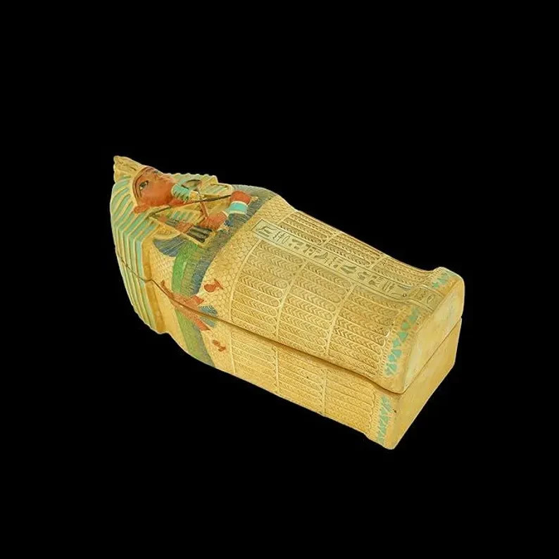 King Tutankhamun Sarcophagus Replica: Hand-Painted Stone Figurine (8.5x7x20cm)
