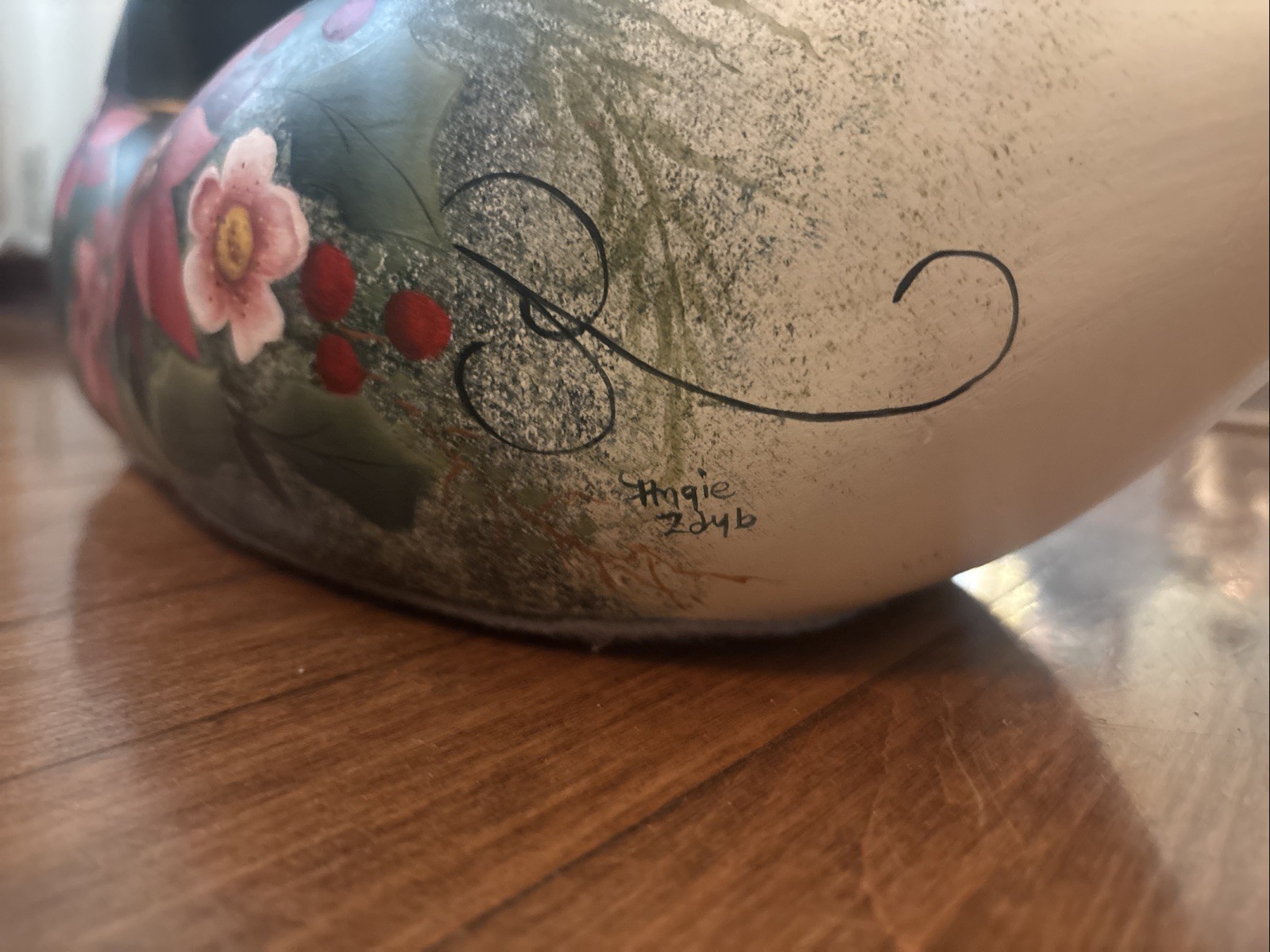 Vtg Decorative Folk Art Wooden Swan Poinsettia Hand Painted Artist Signed Heavy