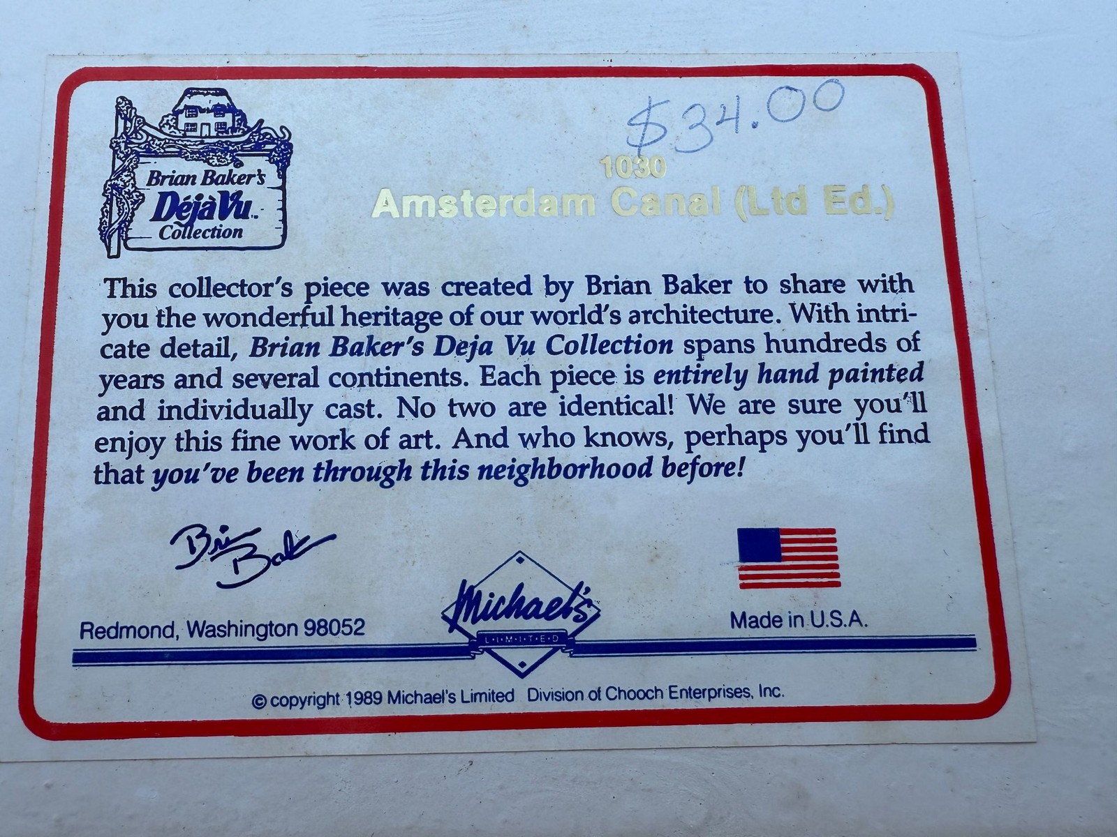 Brian Baker Deja Vu Amsterdam Canal Ltd Ed 282/1000 Plaque Resin Handpainted
