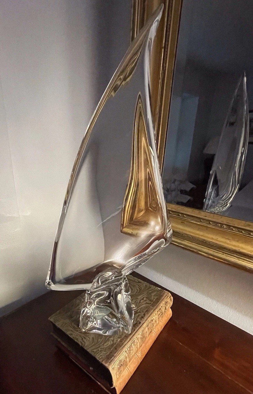 Daum Crystal Sail Sculpture, Label & Signature -Base 21h x 11” Perfect Condition