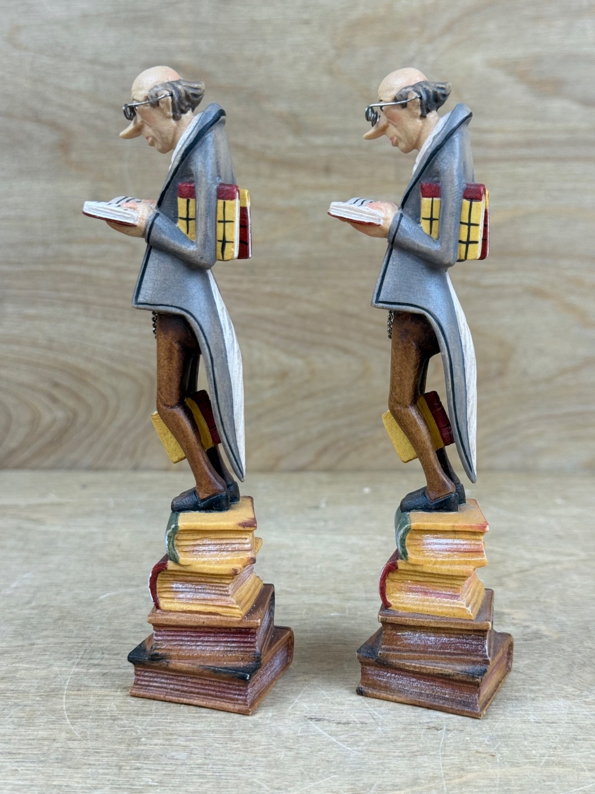 Pair Original Lepi Woodcarving Reader Sculpture Book Man Prinoth Leo Italy 6″